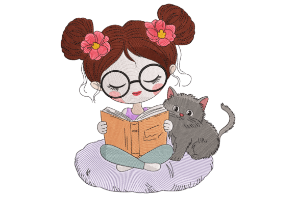 Charming Book Girl with Cat for Apparel