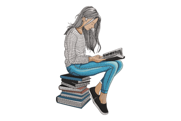 Charming Book Lover Girl Embroidery