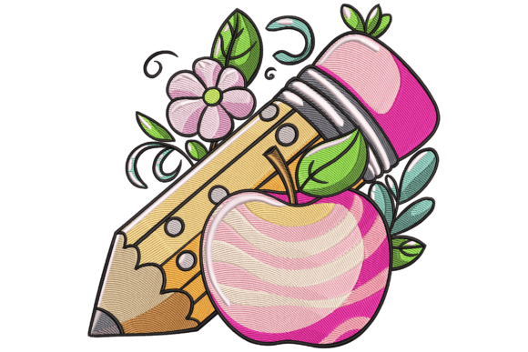Charming Pencil and Apple Embroidery Design