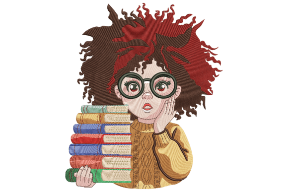 Curly Haired Girl with Books: A Festive Embroidery Design